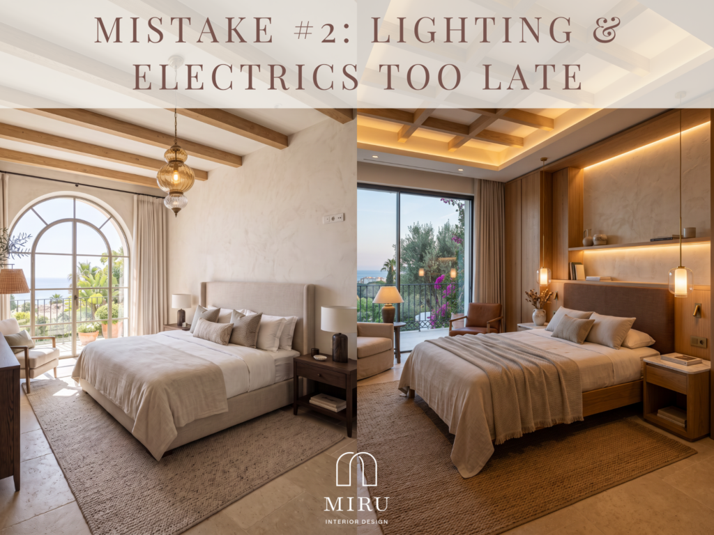 AI visualisation comparing a Mediterranean bedroom before and after a layered lighting and electrical design scheme.