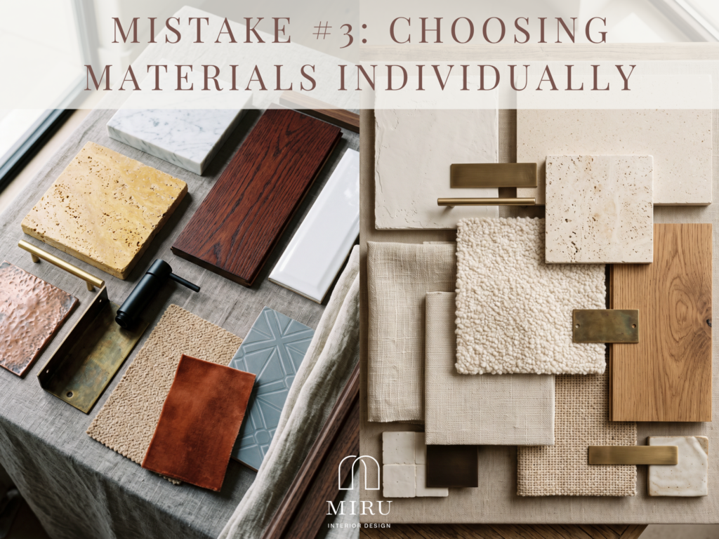 AI visualisation comparing mismatched material samples with a cohesive neutral Mediterranean interior design palette.