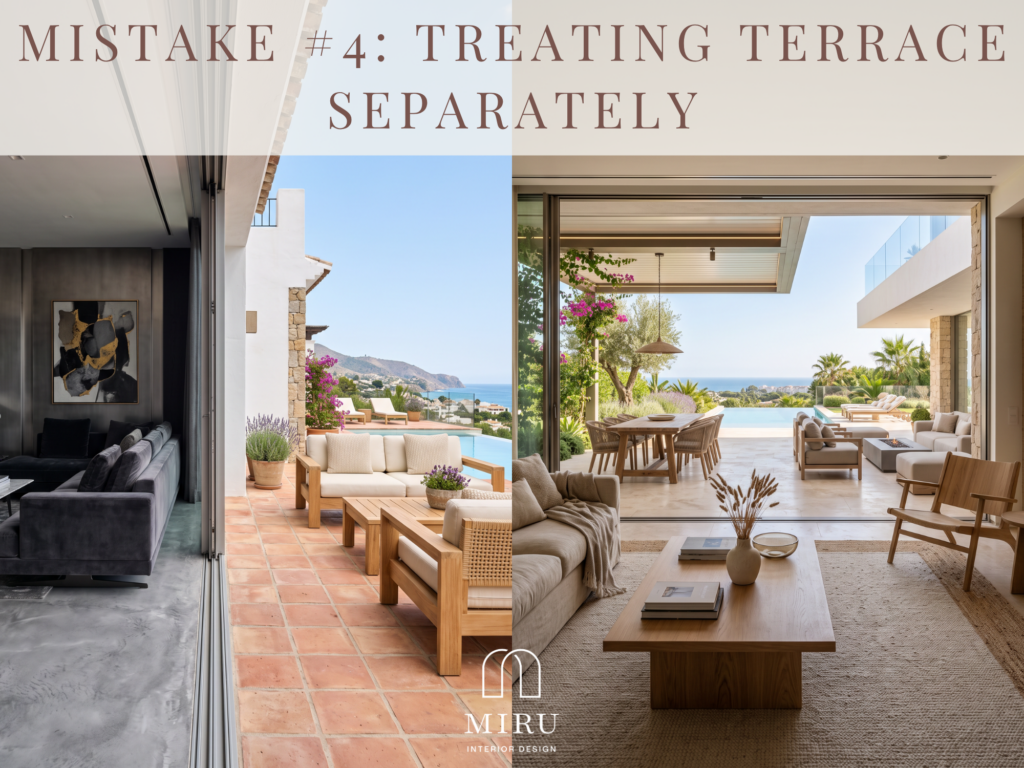 AI visualisation showing the connection between a Mediterranean villa interior and terrace, designed as one cohesive indoor-outdoor space.