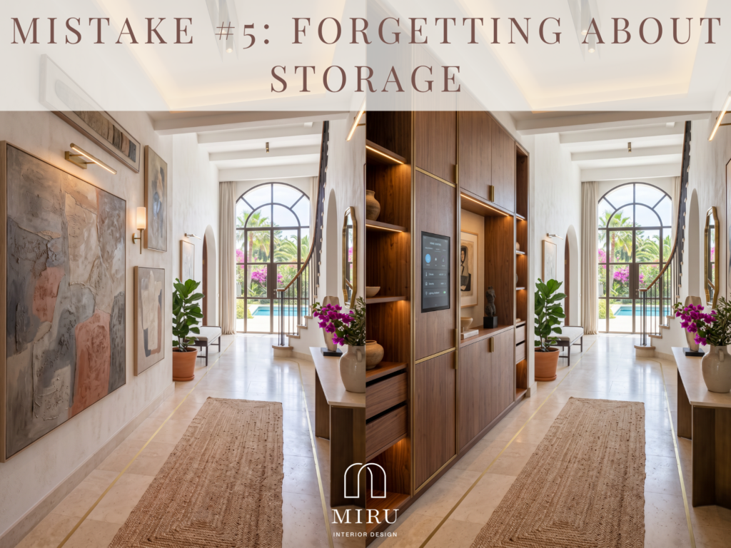 AI visualisation comparing a villa hallway without storage and with integrated bespoke cabinetry.