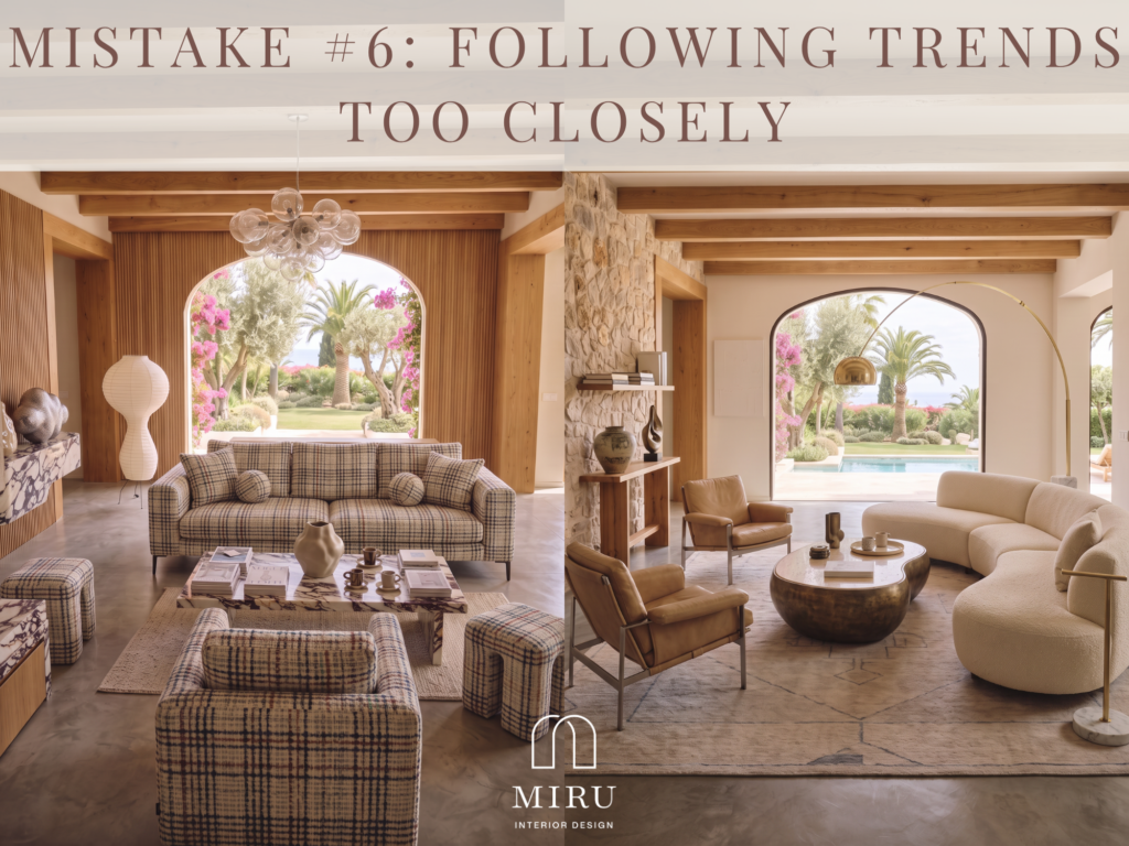AI visualisation comparing a trend-led interior with a timeless Mediterranean design that respects the villa’s original architecture.