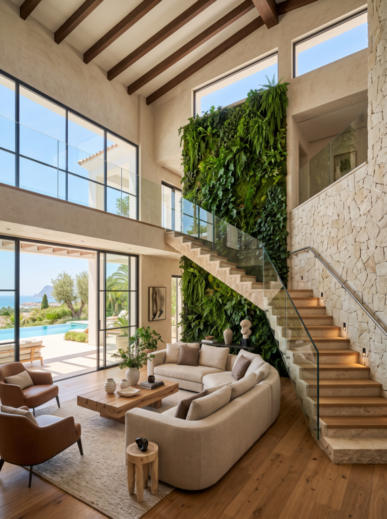 Marbella villa interior with sculptural staircase and double-height living space – AI-generated visualisation