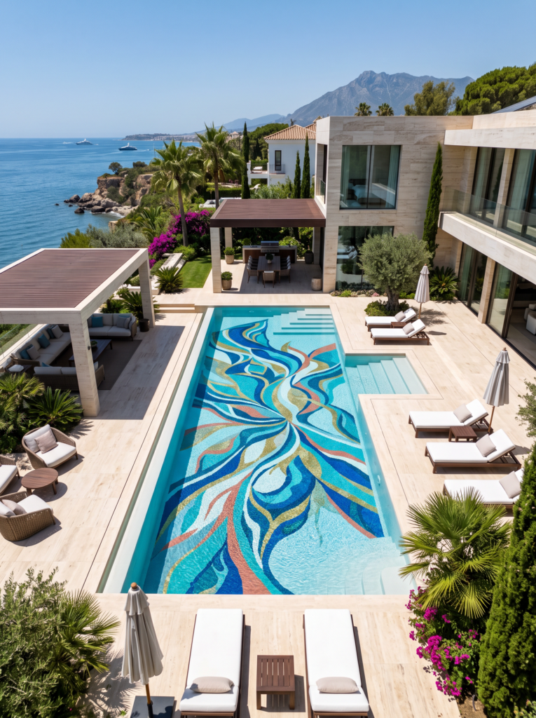 Marbella villa pool with bespoke underwater mosaic – AI-generated visualisation