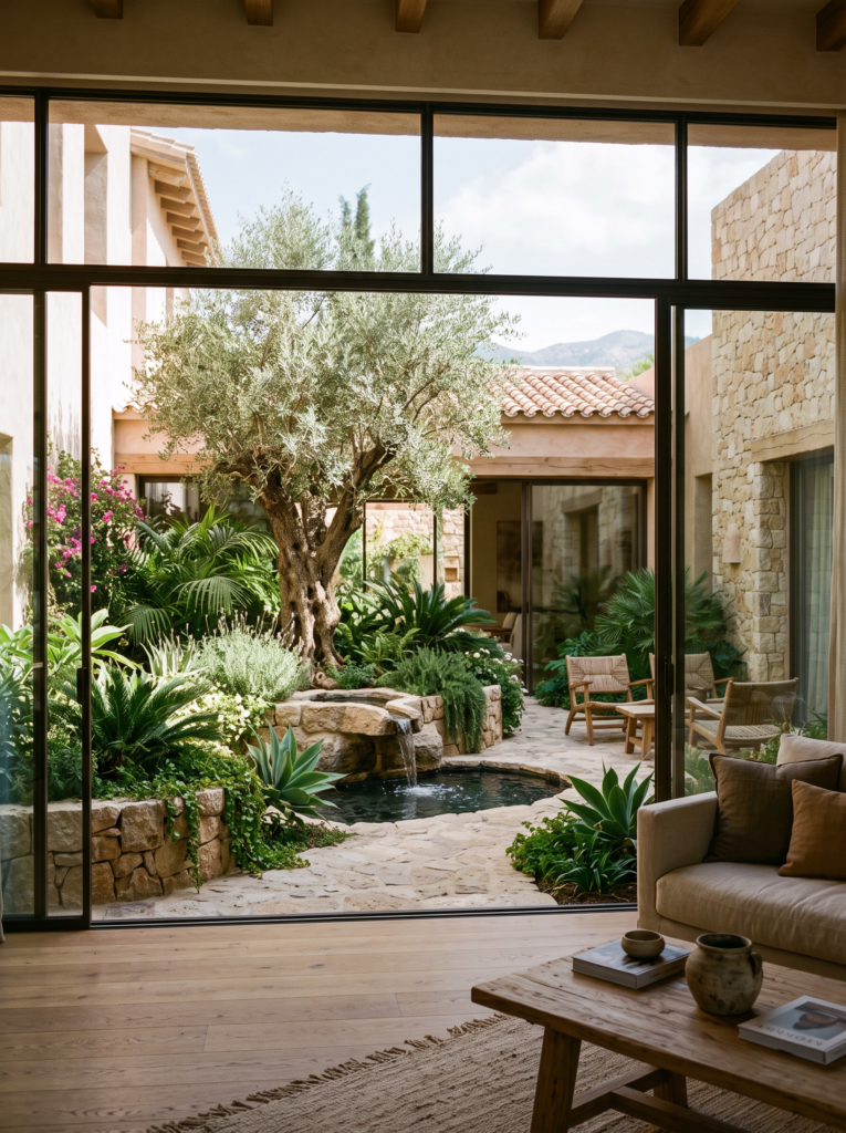 Marbella villa interior with landscaped Mediterranean courtyard – AI-generated visualisation