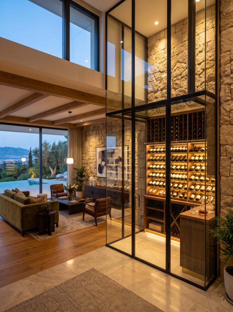 Marbella villa interior with glass-enclosed wine room – AI-generated visualisation