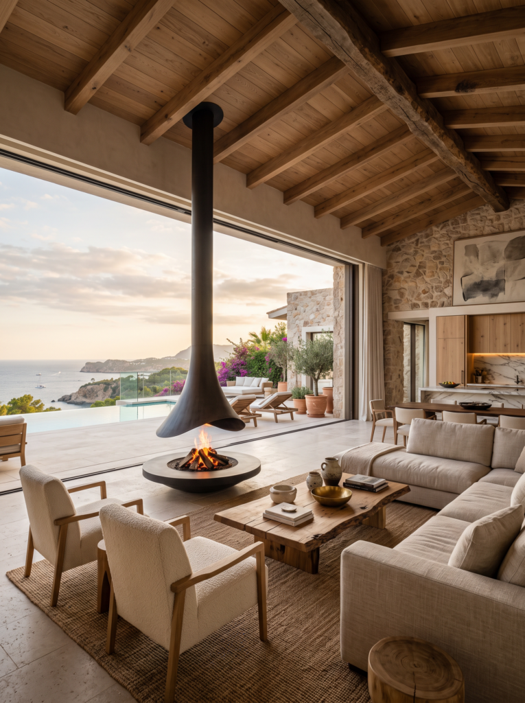 Open-plan Marbella villa living room with suspended fireplace – AI-generated visualisation