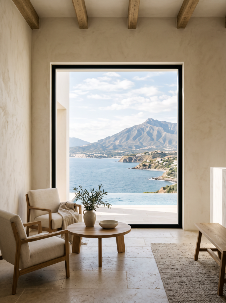 Marbella villa interior with large window framing the Mediterranean view – AI-generated visualisation