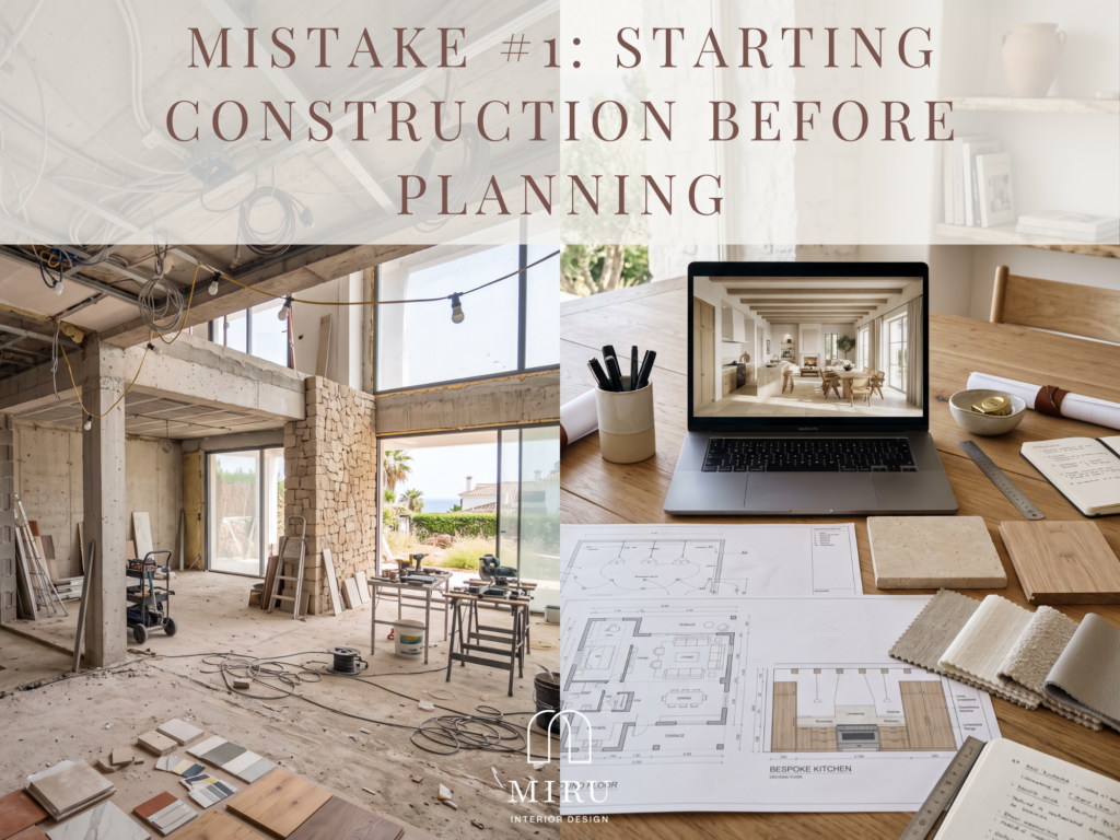 AI visualisation comparing a villa under construction with a fully planned interior design scheme, including drawings and material samples.