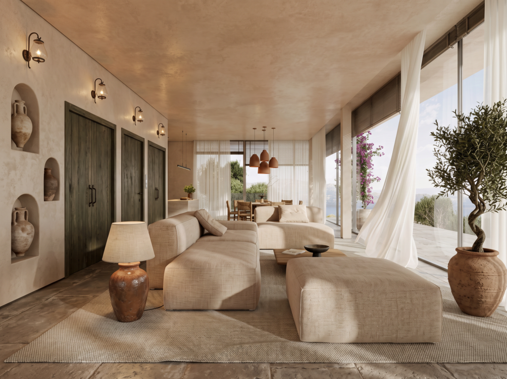 Contemporary Mediterranean living room in Marbella – 3D visualisation by MIRU Interior Design