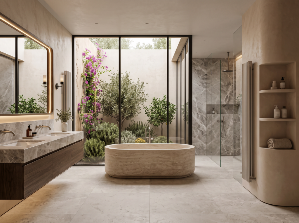 Contemporary Mediterranean bathroom in Marbella – 3D visualisation by MIRU Interior Design