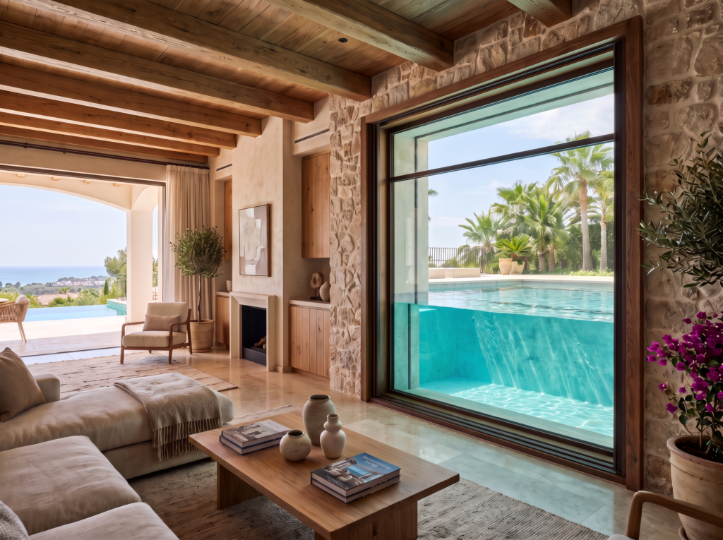 Marbella villa living room with integrated pool window – AI-generated visualisation