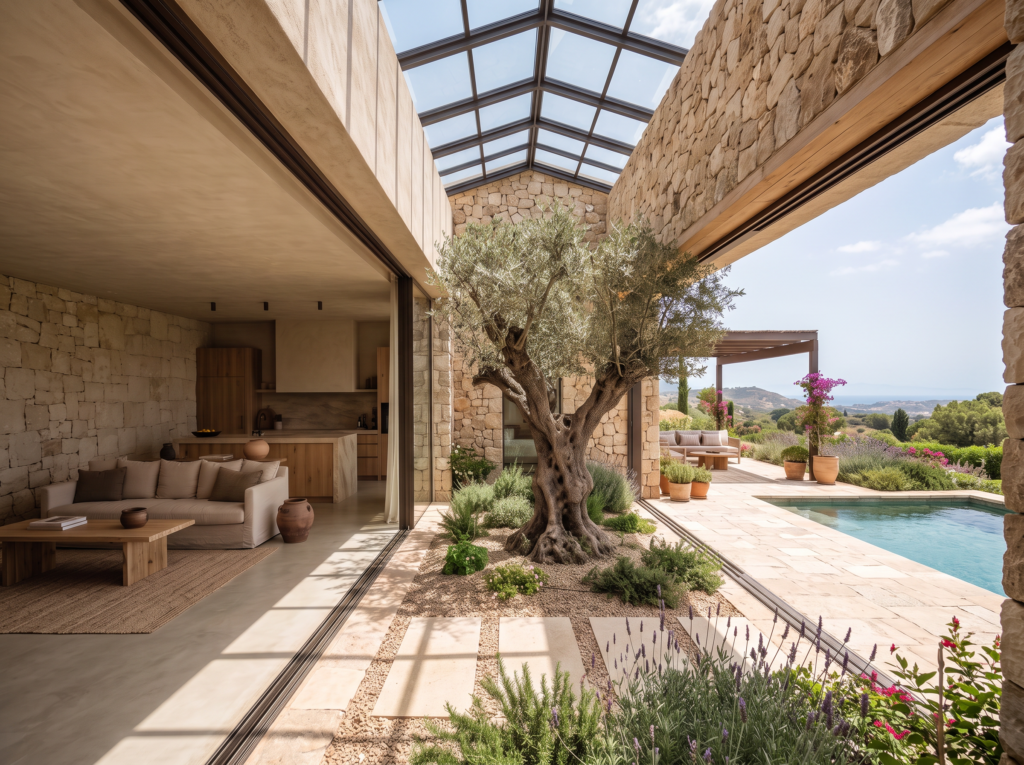 Marbella villa design with Mediterranean courtyard and pool – AI-generated visualisation by MIRU Interior Design