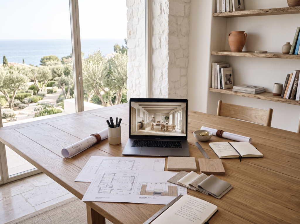 AI visualisation of an interior design planning table with laptop, floor plans and material samples for a villa renovation in Spain.
