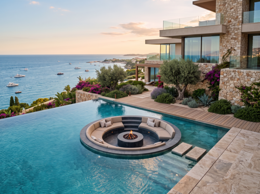 Marbella villa pool with sunken conversation area and fire pit – AI-generated visualisation