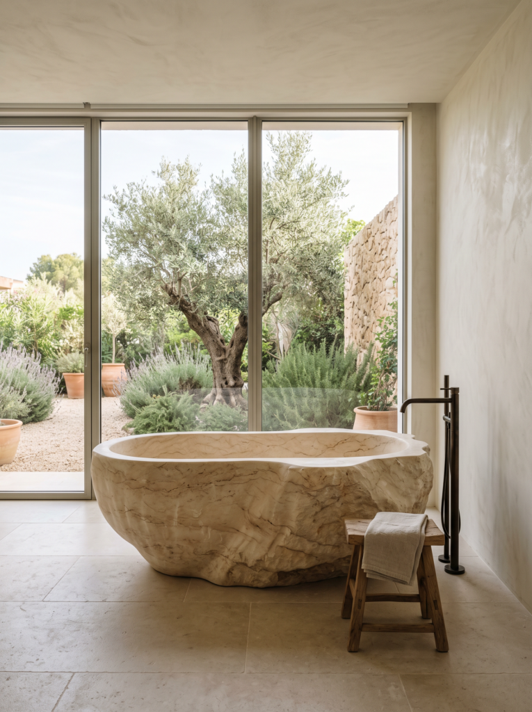 Sculptural natural stone bathtub overlooking a Mediterranean garden
