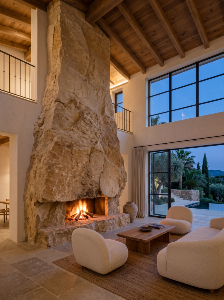 Floor-to-ceiling natural stone fireplace in a contemporary Mediterranean villa