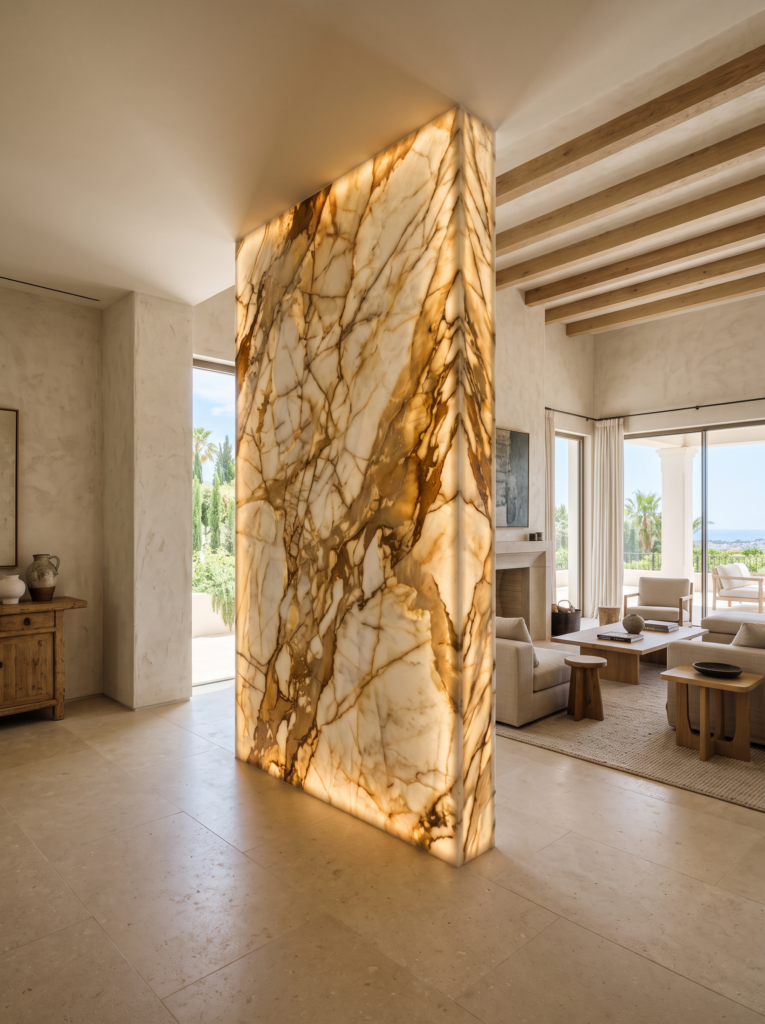 Backlit natural stone room divider in a contemporary Mediterranean villa interior
