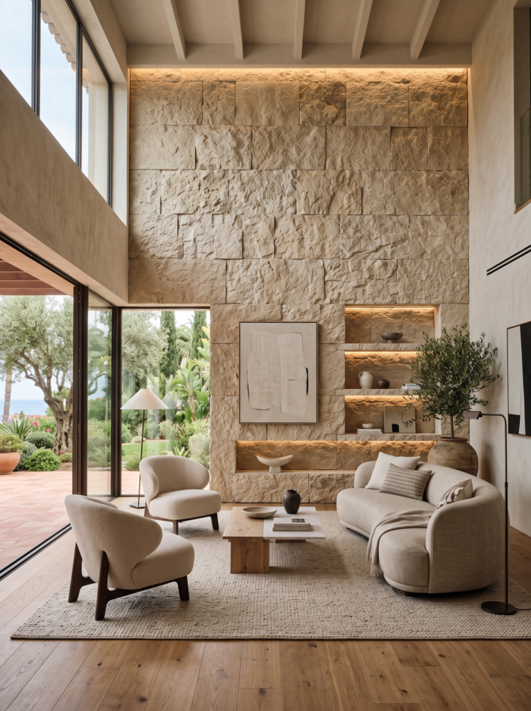 Textured natural stone feature wall with integrated lighting in a Mediterranean living room