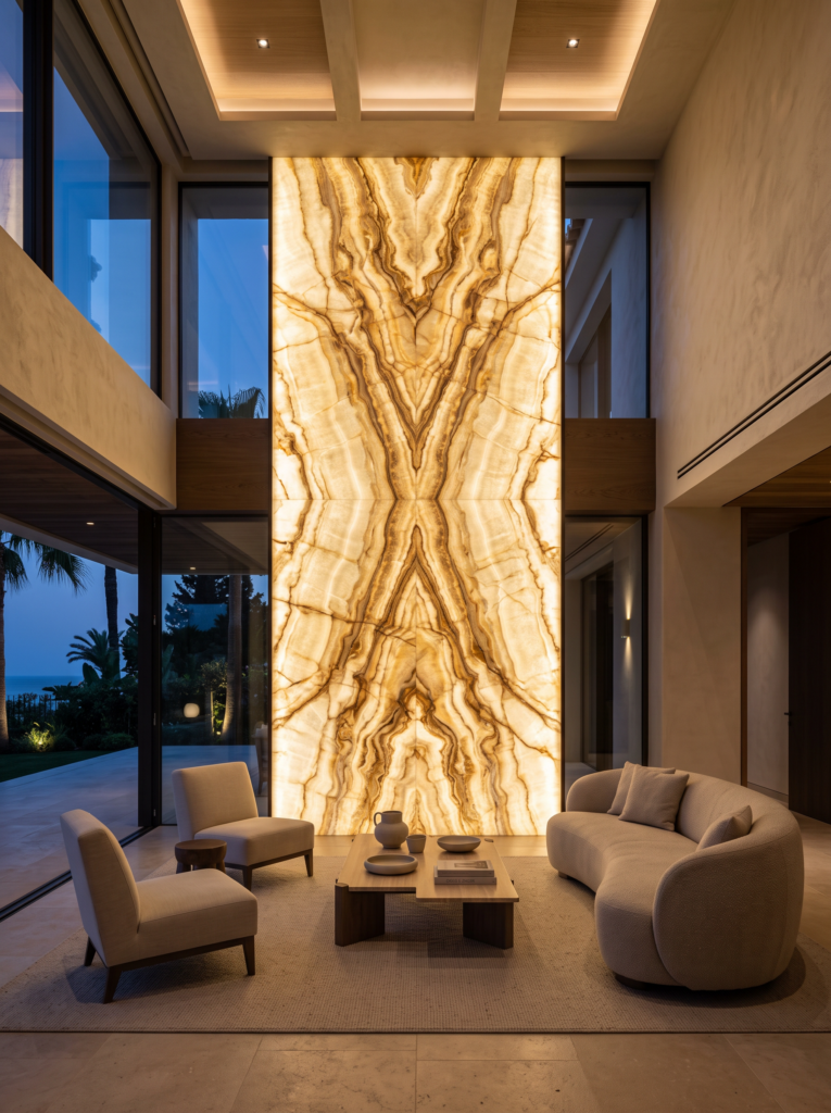 Backlit onyx feature wall in a luxury Mediterranean villa living room
