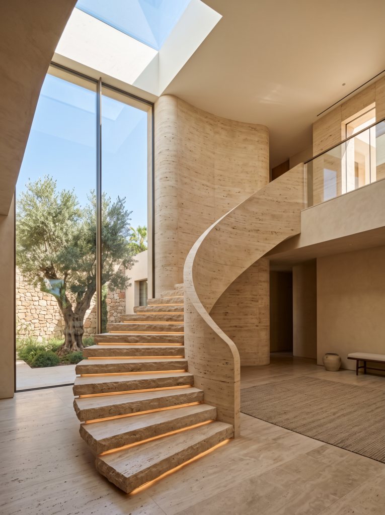 Sculptural travertine staircase with integrated lighting in a Mediterranean villa