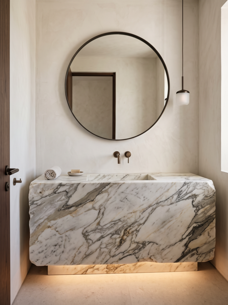 Statement marble bathroom vanity with integrated lighting in a luxury villa