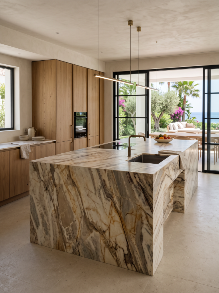 Statement marble kitchen island in a contemporary Mediterranean villa