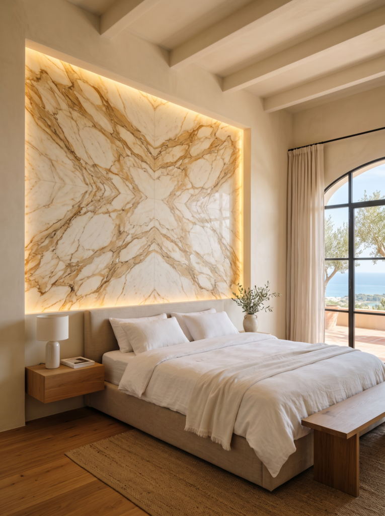 Backlit bookmatched stone feature wall behind a bed in a Mediterranean bedroom