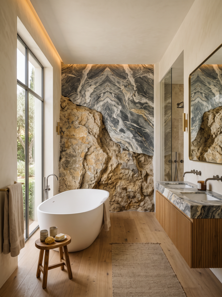 Natural stone and marble feature wall in a contemporary Mediterranean bathroom