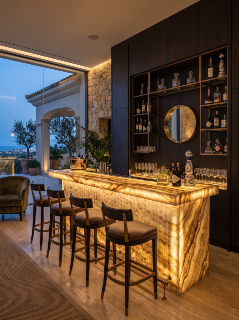 Backlit onyx home bar in a luxury Mediterranean villa