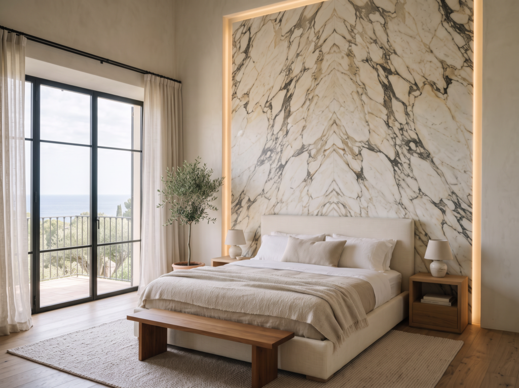 Backlit bookmatched stone feature wall behind a bed in a Mediterranean bedroom