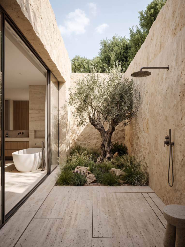 Indoor-outdoor bathroom with natural stone walls and a Mediterranean courtyard